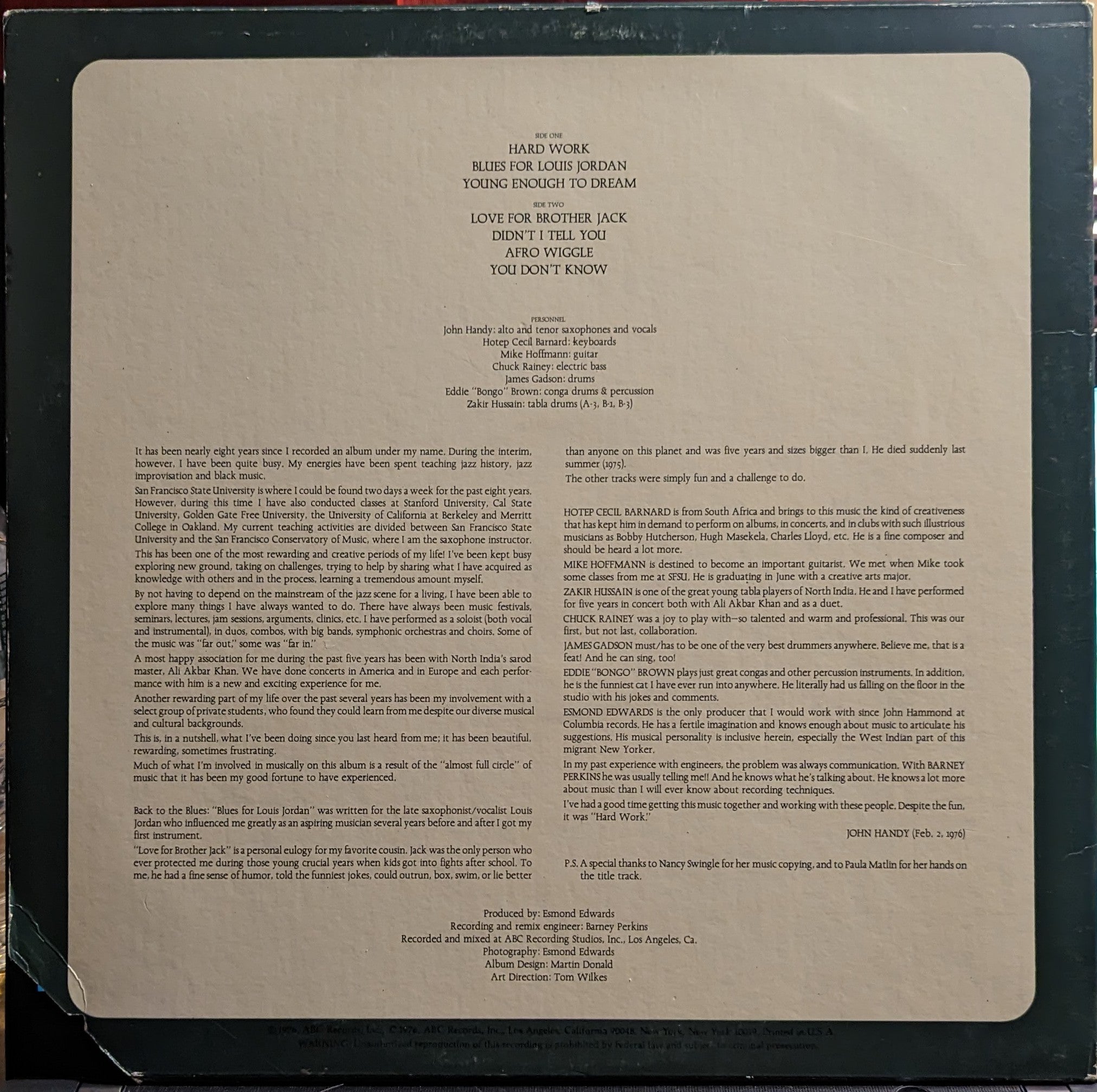 John Handy - Hard Work *TERRE HAUTE/PROMO* | Near Mint (NM) Excellent (EX)