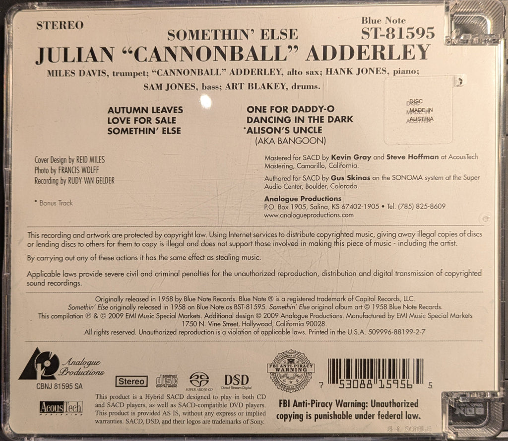 Cannonball Adderley - Somethin' Else (SACD) | Near Mint (NM) Near Mint (NM)