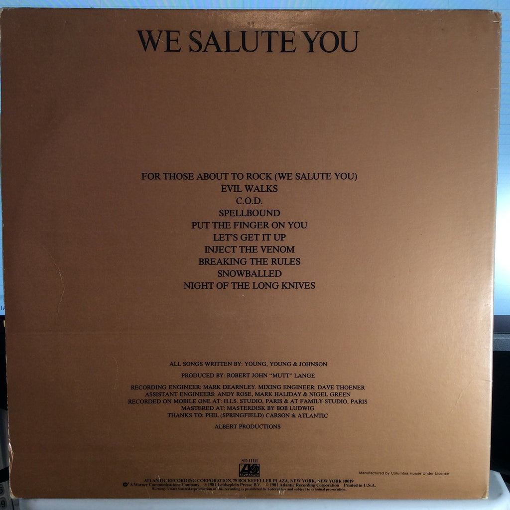 AC/DC - For Those About To Rock (We Salute You) (VINYL) | Very Good Plus (VG+) Excellent (EX)