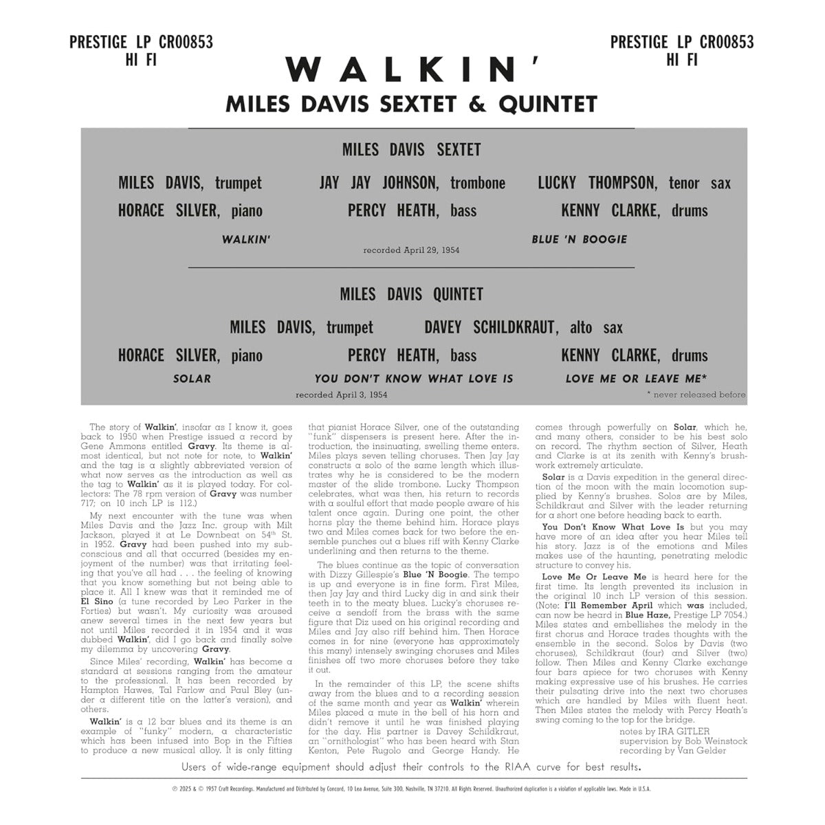 Miles Davis All Stars - Walkin' (Original Jazz Classics Series) (180g VINYL) | Mint (M) Mint (M)