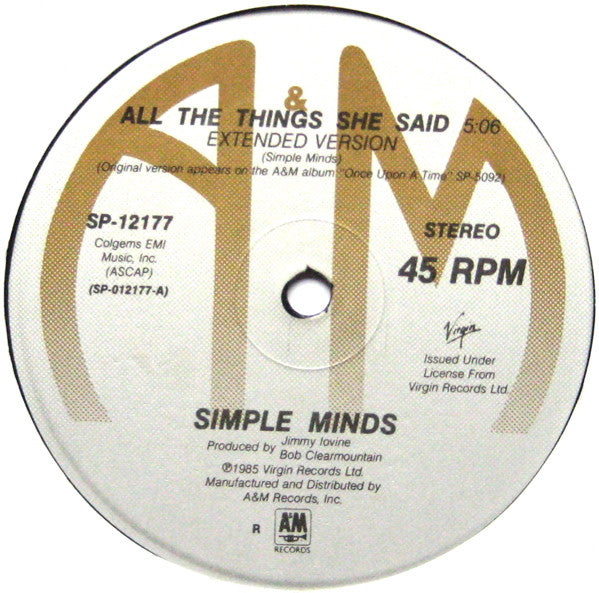Simple Minds - All The Things She Said / Don't You (Forget About Me) Live (VINYL) | Excellent (EX) Near Mint (NM)