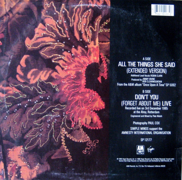 Simple Minds - All The Things She Said / Don't You (Forget About Me) Live (VINYL) | Excellent (EX) Near Mint (NM)
