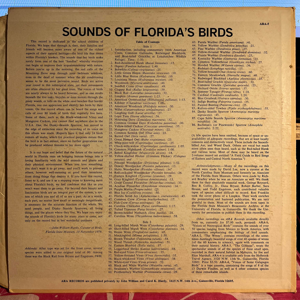 John William Hardy - Sounds Of Florida's Birds | Very Good Plus (VG+) Excellent (EX)