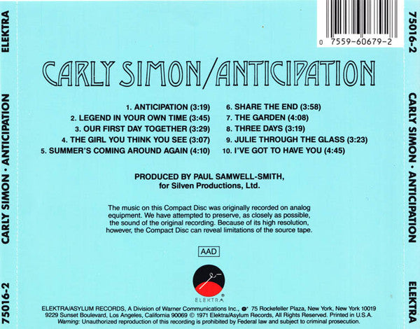 Carly Simon - Anticipation (CD) | Excellent+ (EX+) Excellent+ (EX+)