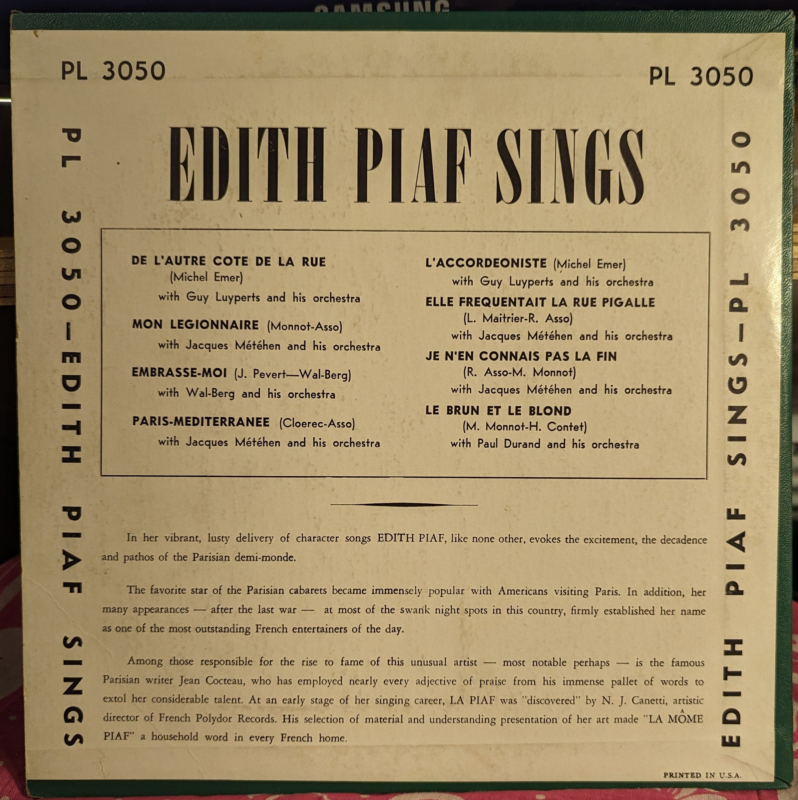 Edith Piaf Sings | Very Good (VG) Excellent (EX)