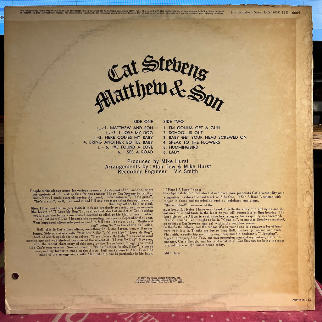 Cat Stevens - Matthew & Son *MONO* | Excellent (EX) Very Good Plus (VG+)