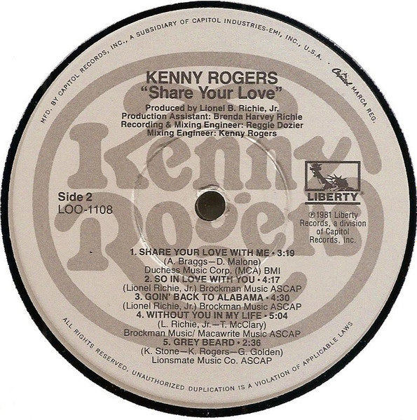 Kenny Rogers - Share Your Love (VINYL) | Near Mint- (NM-) Near Mint (NM)