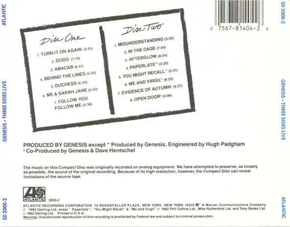 Genesis - Three Sides Live (2xCD) | Near Mint- (NM-) Near Mint- (NM-)