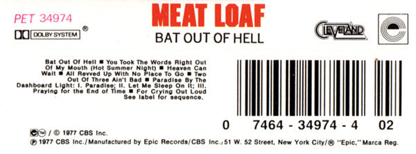 Meat Loaf - Bat Out Of Hell (CASSETTE) | Near Mint (NM) Near Mint (NM)