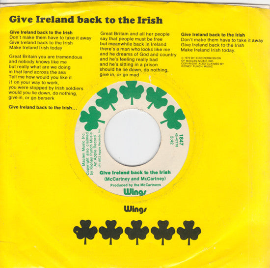 Wings (2) - Give Ireland Back To The Irish (7" VINYL) | Near Mint (NM or M-) Very Good Plus (VG+)
