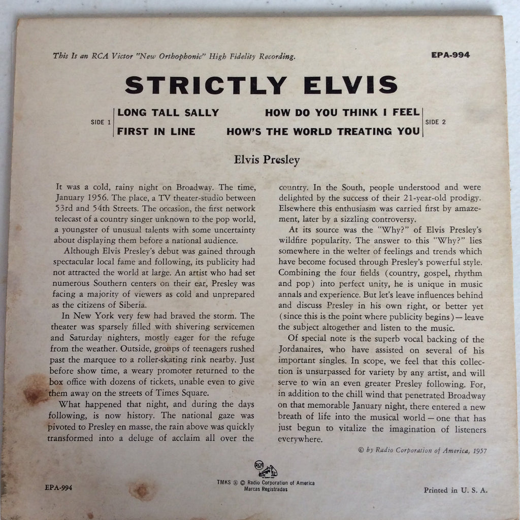 Elvis Presley - Strictly Elvis (7" VINYL) | Very Good (VG) Very Good Plus (VG+)