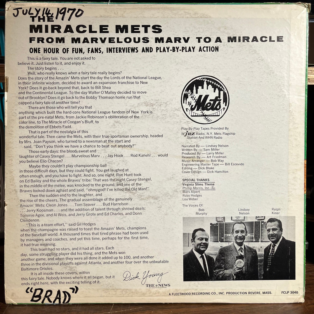 The Miracle Mets - From Marvelous Marv To A Miracle In Play-By-Play Action (VINYL) | Near Mint- (NM-) Excellent (EX)