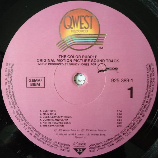 The Color Purple (Original Motion Picture Sound Track) | Near Mint (NM) Very Good Plus (VG+)