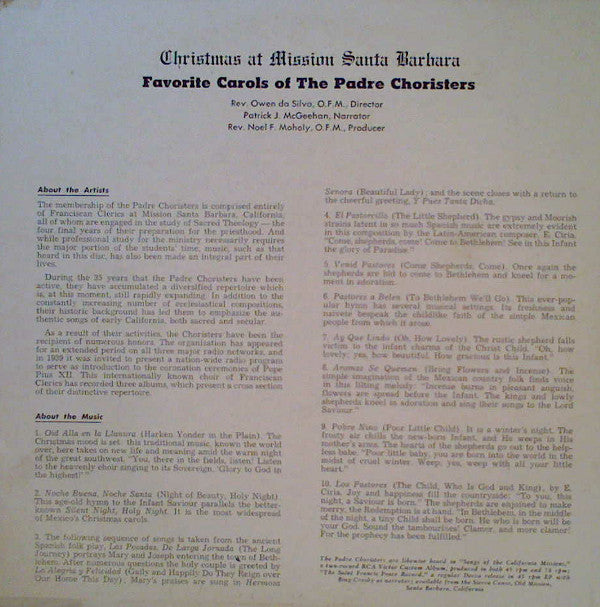 The Padre Choristers - Christmas At Mission Santa Barbara | Very Good Plus (VG+) Near Mint (NM)