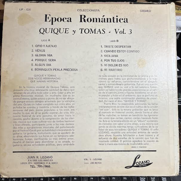 Quique y Tomas - Epoca Romantica Con Quique y Tomas Vol 3 (VINYL) | Very Good Plus (VG+) Very Good (VG)